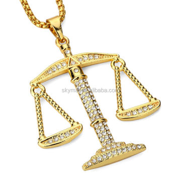 Justice Balance Scales Pendant Necklace Fashion Gold Color Charm Men Women CZ Stone Rhinestone Crystal Hiphop Jewelry Alloy